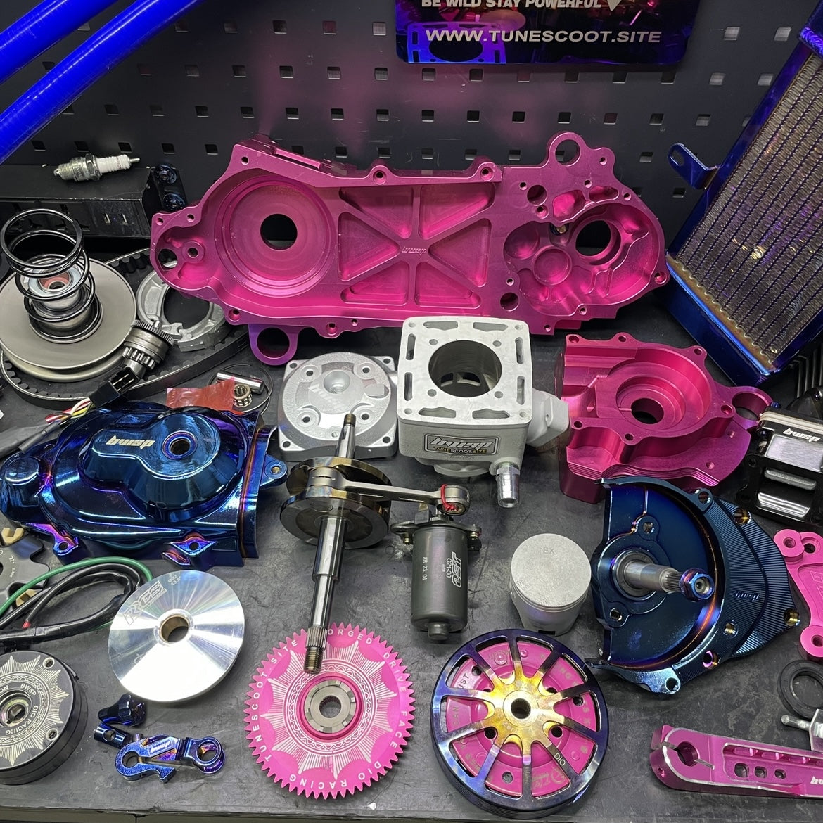 Dio 130cc l/c disassembled engine kit with billet crankcase “Pink panther” water cooled ceramic cylinder 56mm crankshaft 53mm