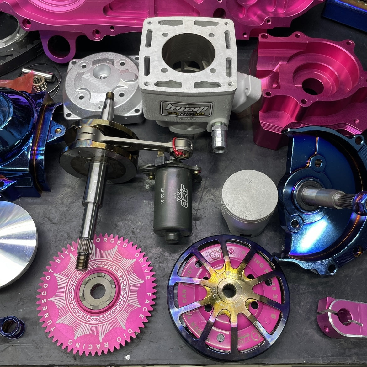 Dio 130cc l/c disassembled engine kit with billet crankcase “Pink panther” water cooled ceramic cylinder 56mm crankshaft 53mm